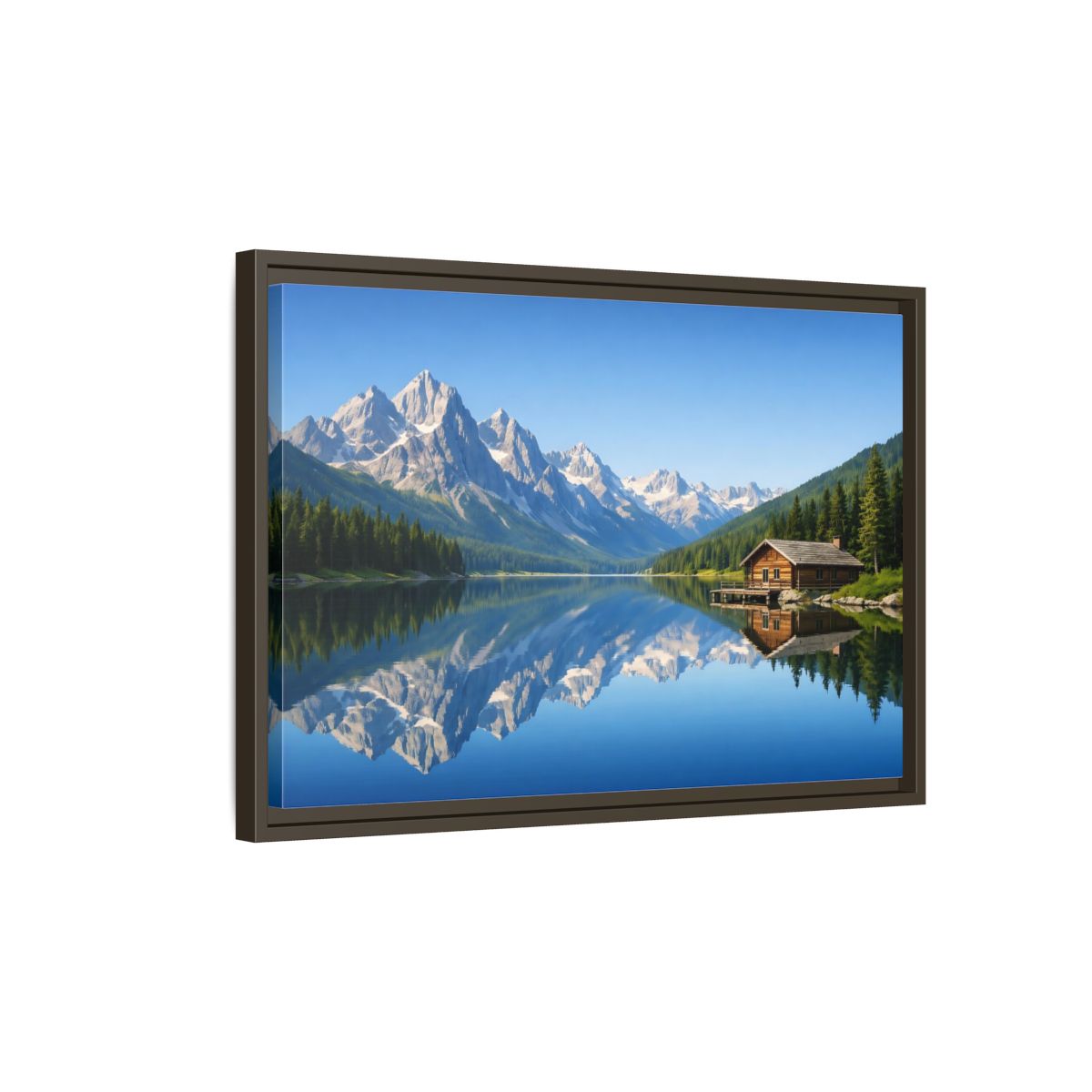 Side Mockup 2. Nature Mountain Lake Blue Mountain Lake shown as stretched canvas wall art