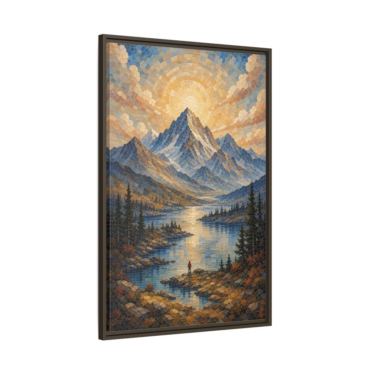 Main Mockup. Nature Mountain Lake Blue Gold Landscape shown as stretched canvas wall art