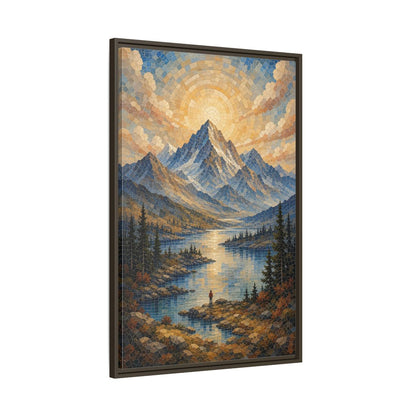 Nature Mountain Lake Blue Gold Landscape Framed Canvas Wall Art - Living Room Decor, Above Fireplace shown as canvas wall art
