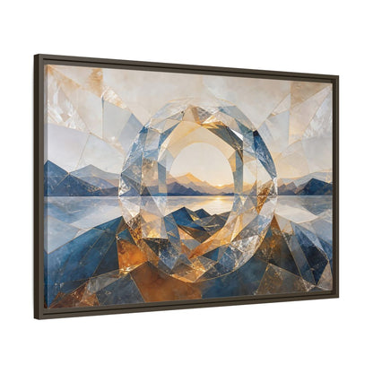 Main Mockup. Nature Mountain Lake Blue Gold Landscape shown as stretched canvas wall art