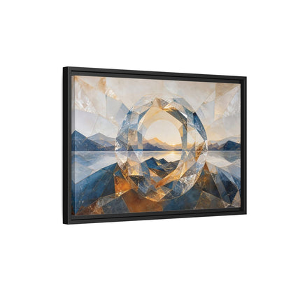 Side Mockup 3. Nature Mountain Lake Blue Gold Landscape shown as stretched canvas wall art