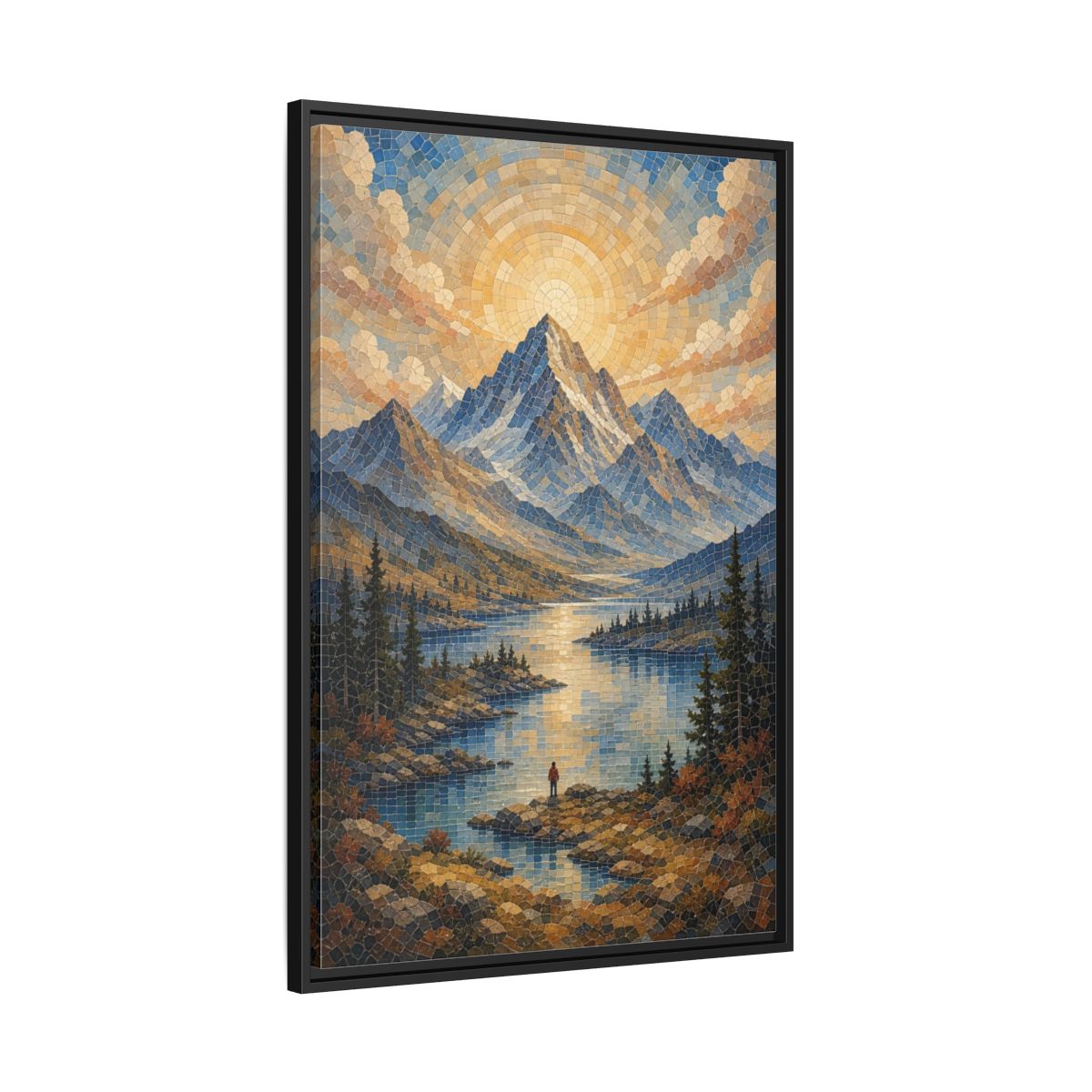 Side Mockup 13. Nature Mountain Lake Blue Gold Landscape shown as stretched canvas wall art