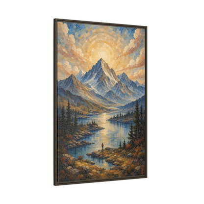 Nature Mountain Lake Blue Gold Landscape Framed Canvas Wall Art - Living Room Decor, Above Fireplace shown as canvas wall art