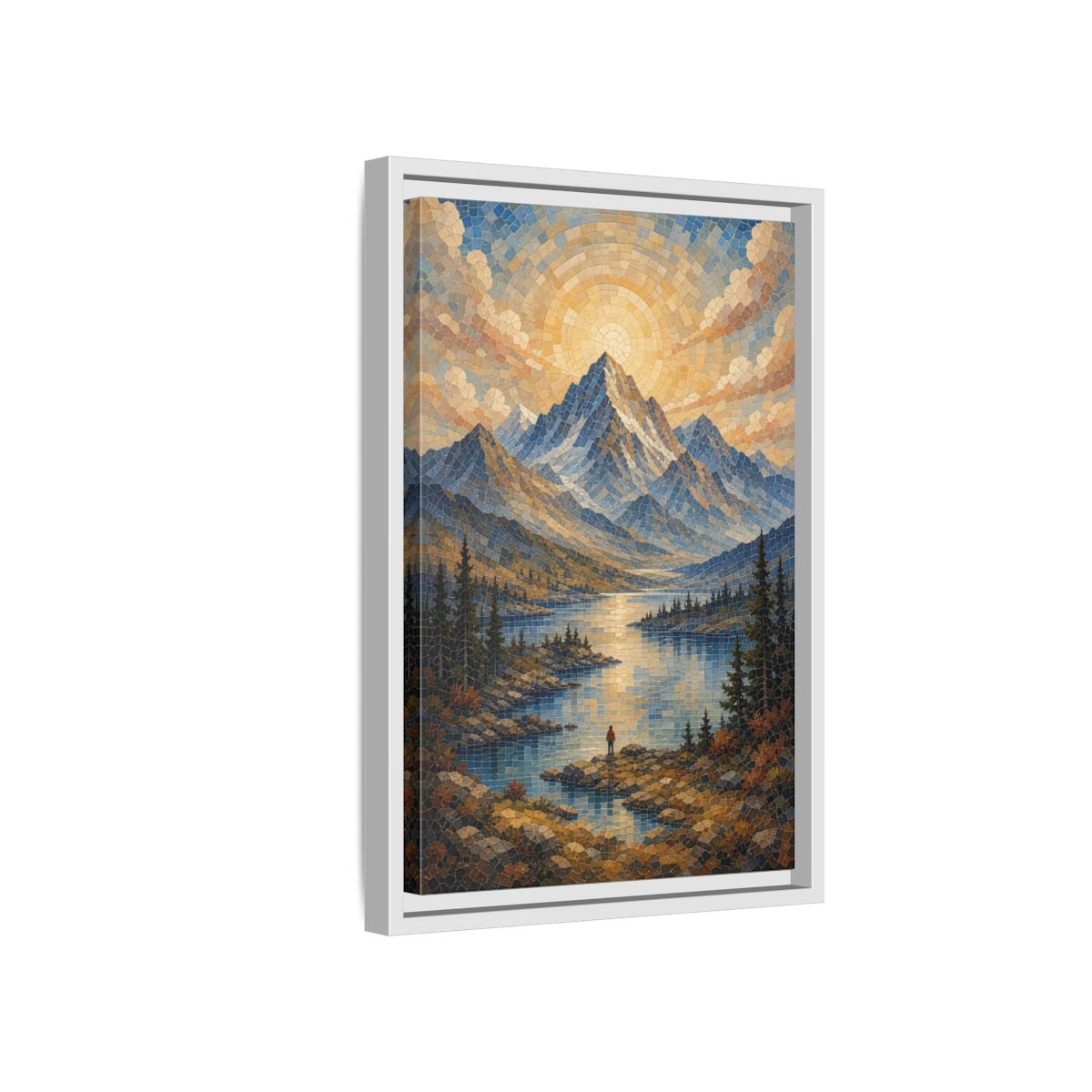 Side Mockup 4. Nature Mountain Lake Blue Gold Landscape shown as stretched canvas wall art