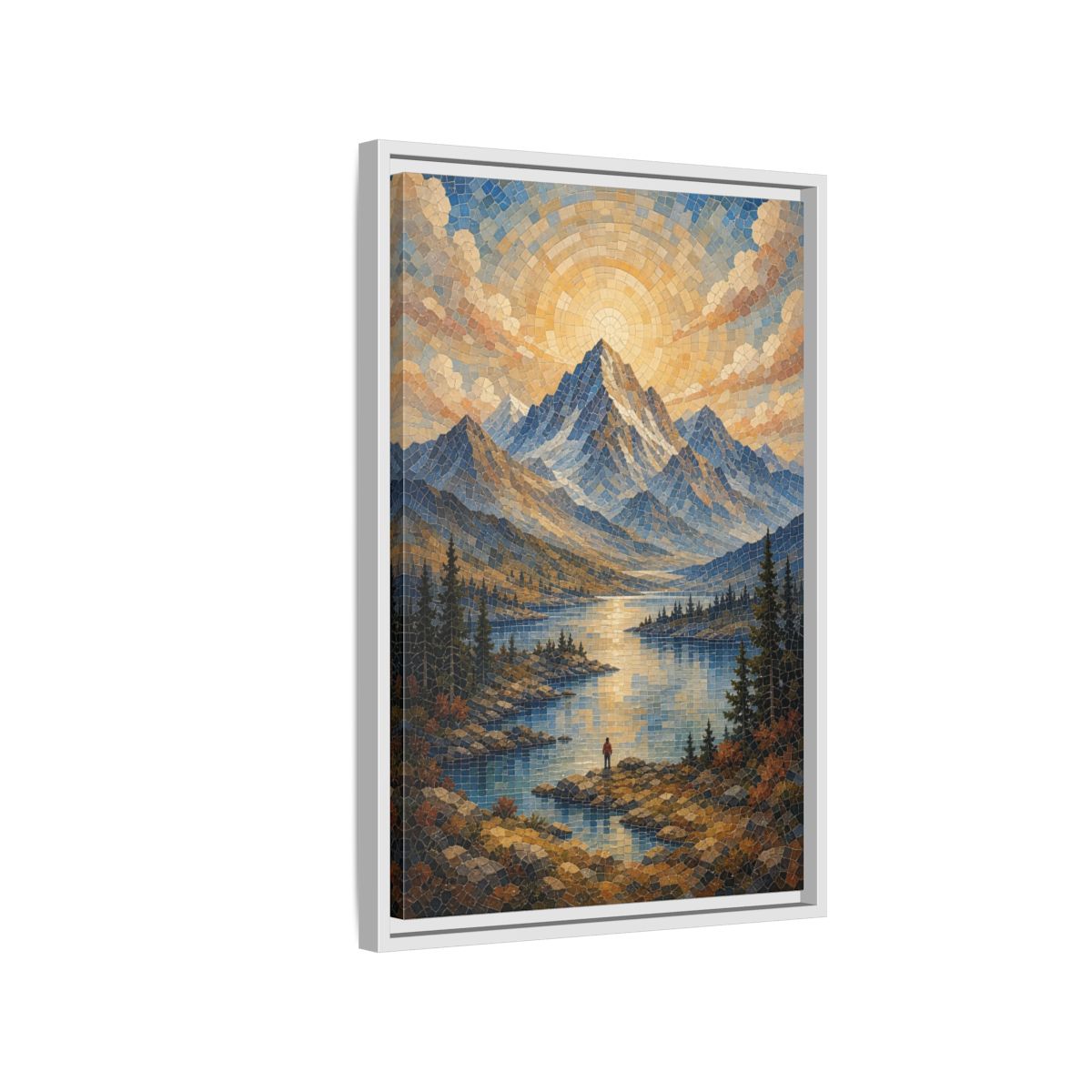 Side Mockup 1. Nature Mountain Lake Blue Gold Landscape shown as stretched canvas wall art