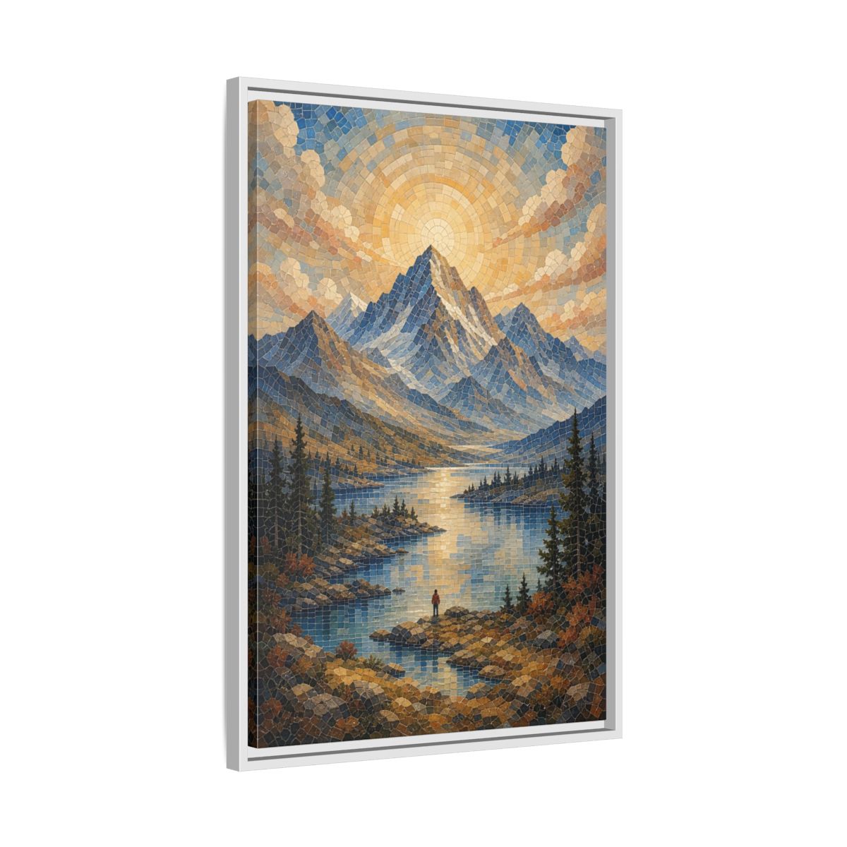 Side Mockup 10. Nature Mountain Lake Blue Gold Landscape shown as stretched canvas wall art