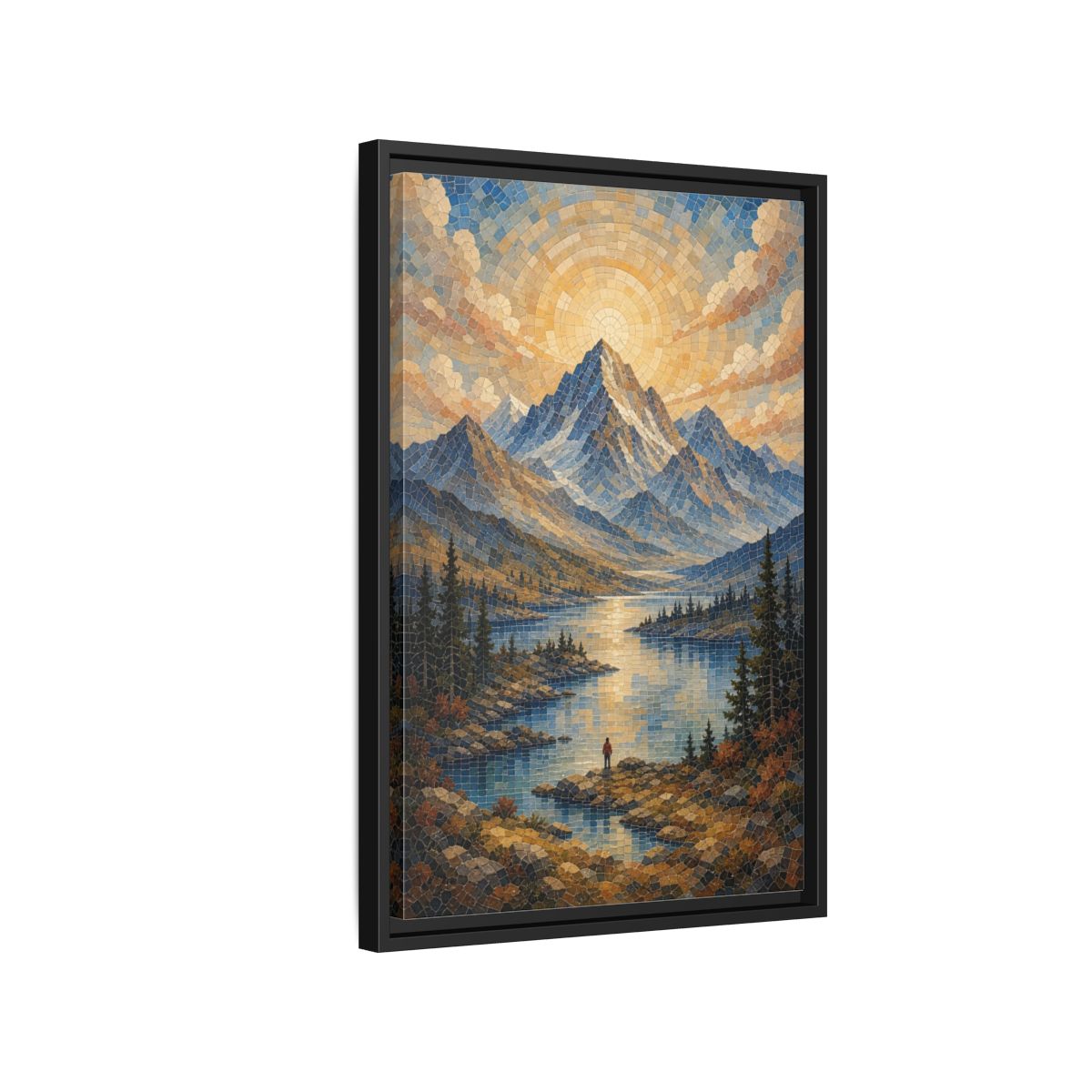 Side Mockup 3. Nature Mountain Lake Blue Gold Landscape shown as stretched canvas wall art