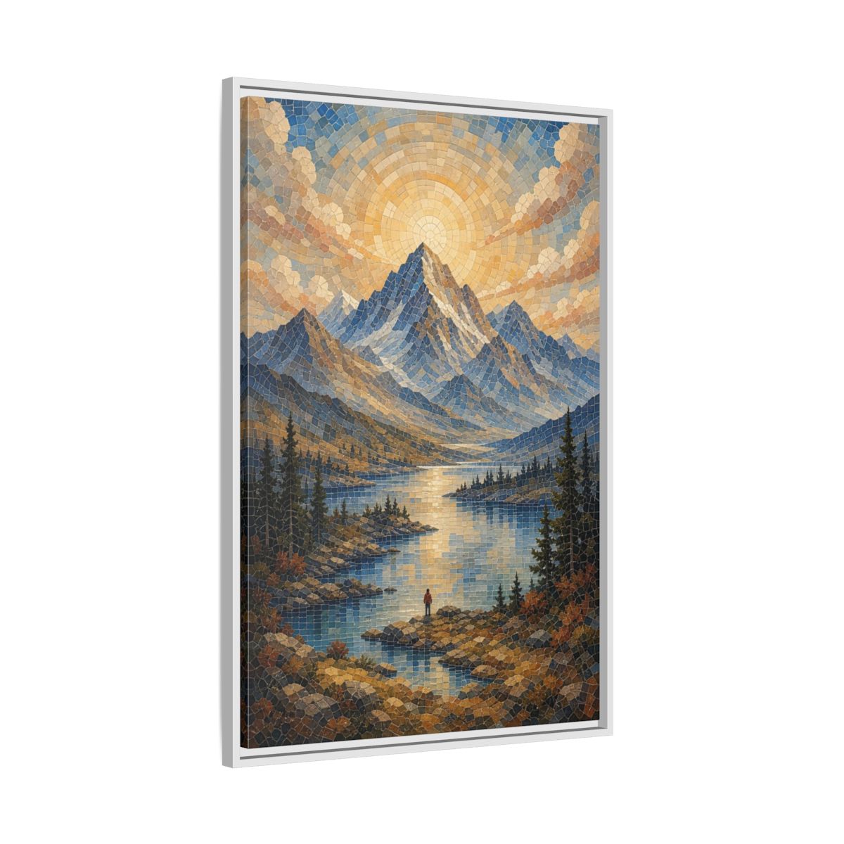 Side Mockup 9. Nature Mountain Lake Blue Gold Landscape shown as stretched canvas wall art