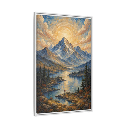Nature Mountain Lake Blue Gold Landscape Framed Canvas Wall Art - Living Room Decor, Above Fireplace shown as canvas wall art