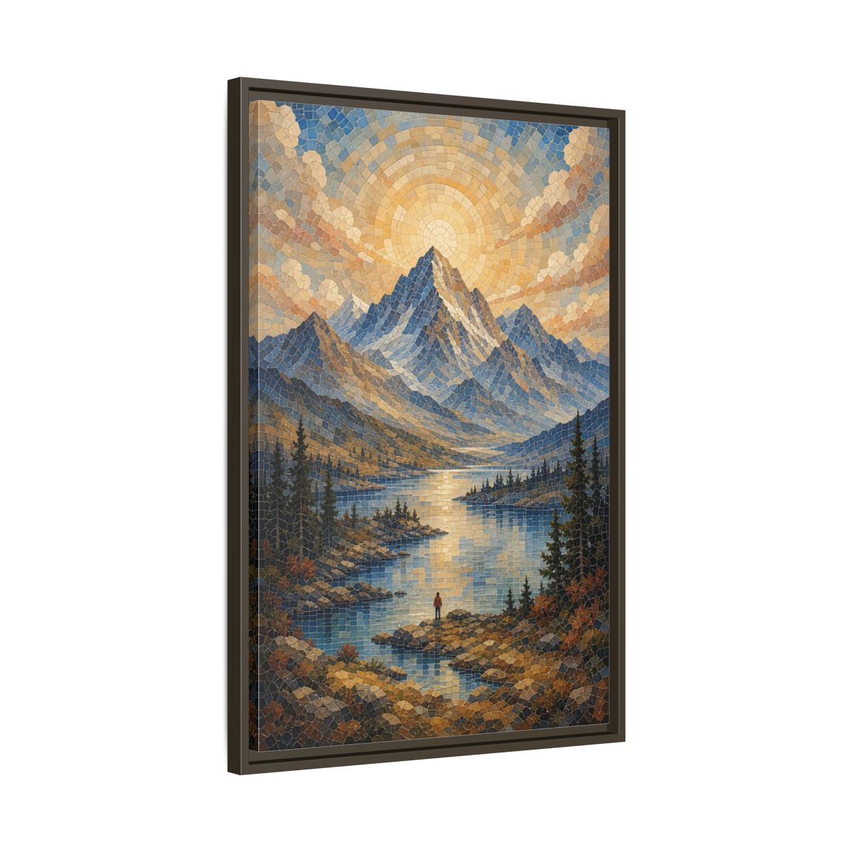 Side Mockup 11. Nature Mountain Lake Blue Gold Landscape shown as stretched canvas wall art
