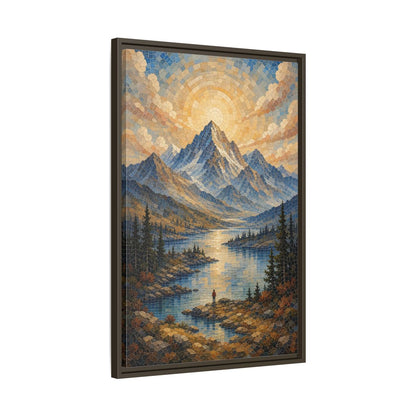 Nature Mountain Lake Blue Gold Landscape Framed Canvas Wall Art - Living Room Decor, Above Fireplace shown as canvas wall art