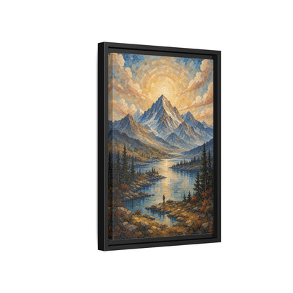 Nature Mountain Lake Blue Gold Landscape Framed Canvas Wall Art - Living Room Decor, Above Fireplace shown as canvas wall art