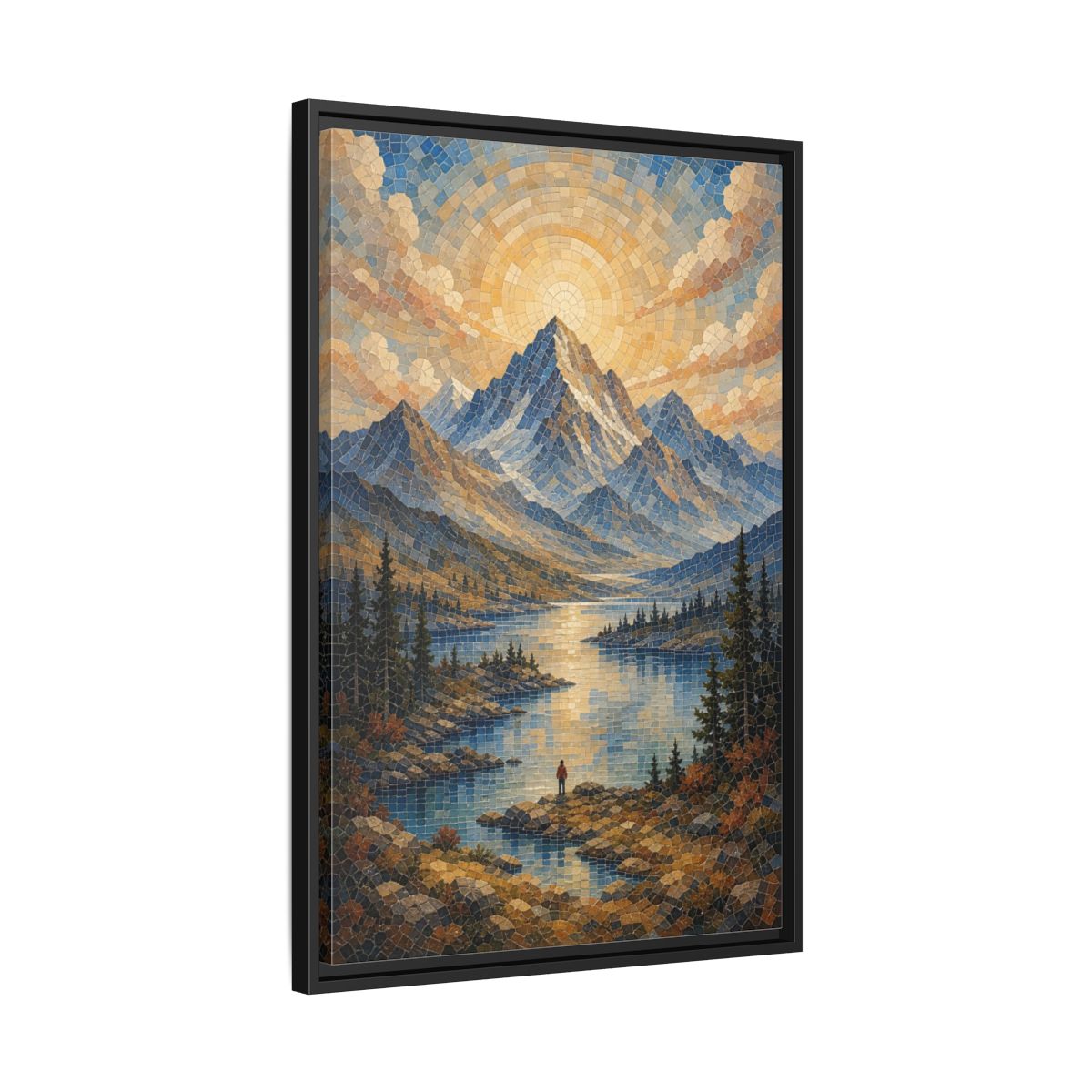 Side Mockup 14. Nature Mountain Lake Blue Gold Landscape shown as stretched canvas wall art