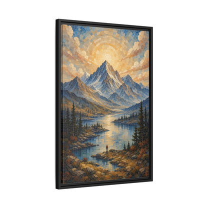 Nature Mountain Lake Blue Gold Landscape Framed Canvas Wall Art - Living Room Decor, Above Fireplace shown as canvas wall art
