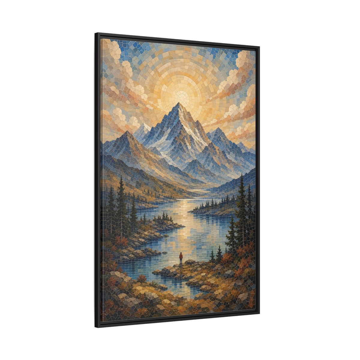 Side Mockup 12. Nature Mountain Lake Blue Gold Landscape shown as stretched canvas wall art