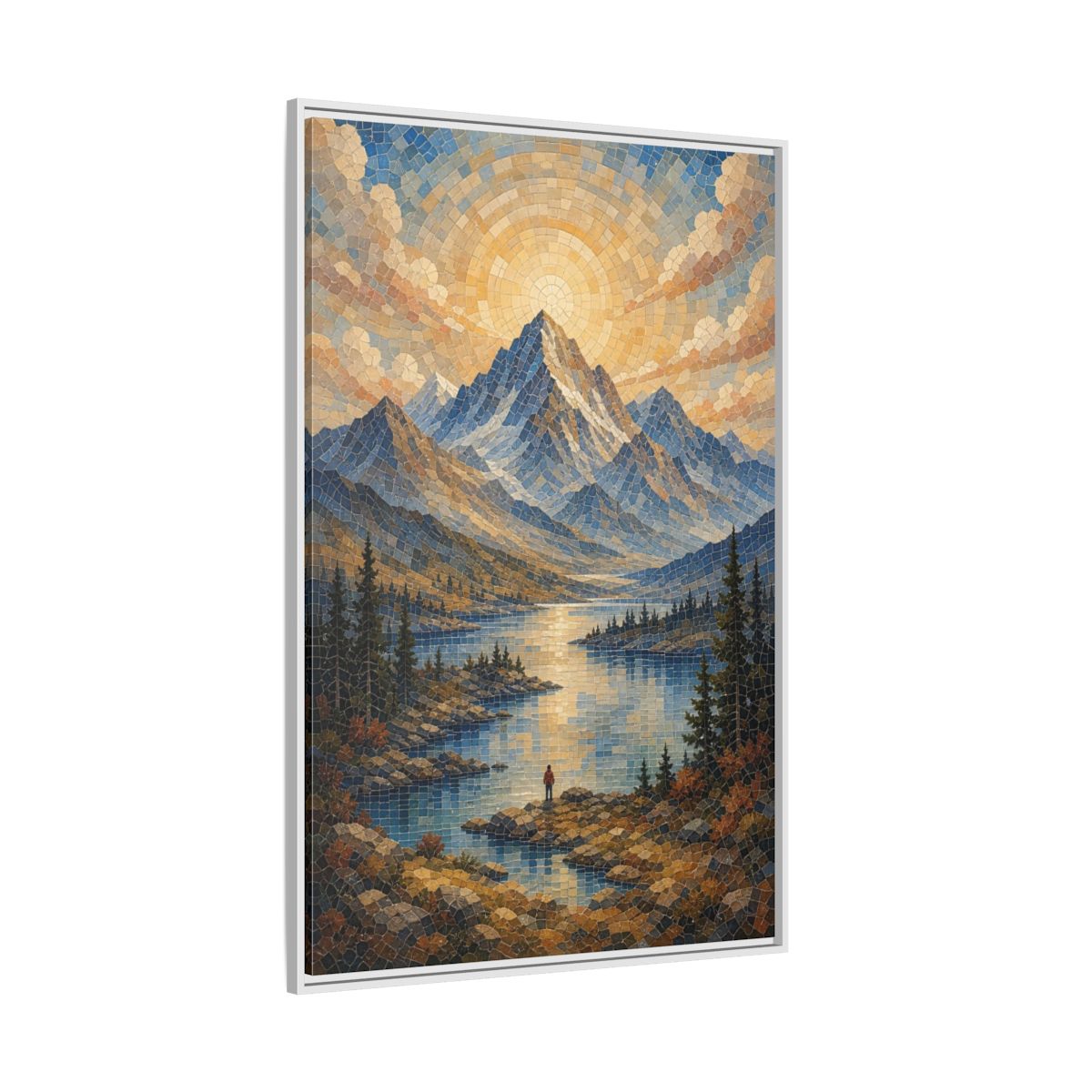 Side Mockup 7. Nature Mountain Lake Blue Gold Landscape shown as stretched canvas wall art
