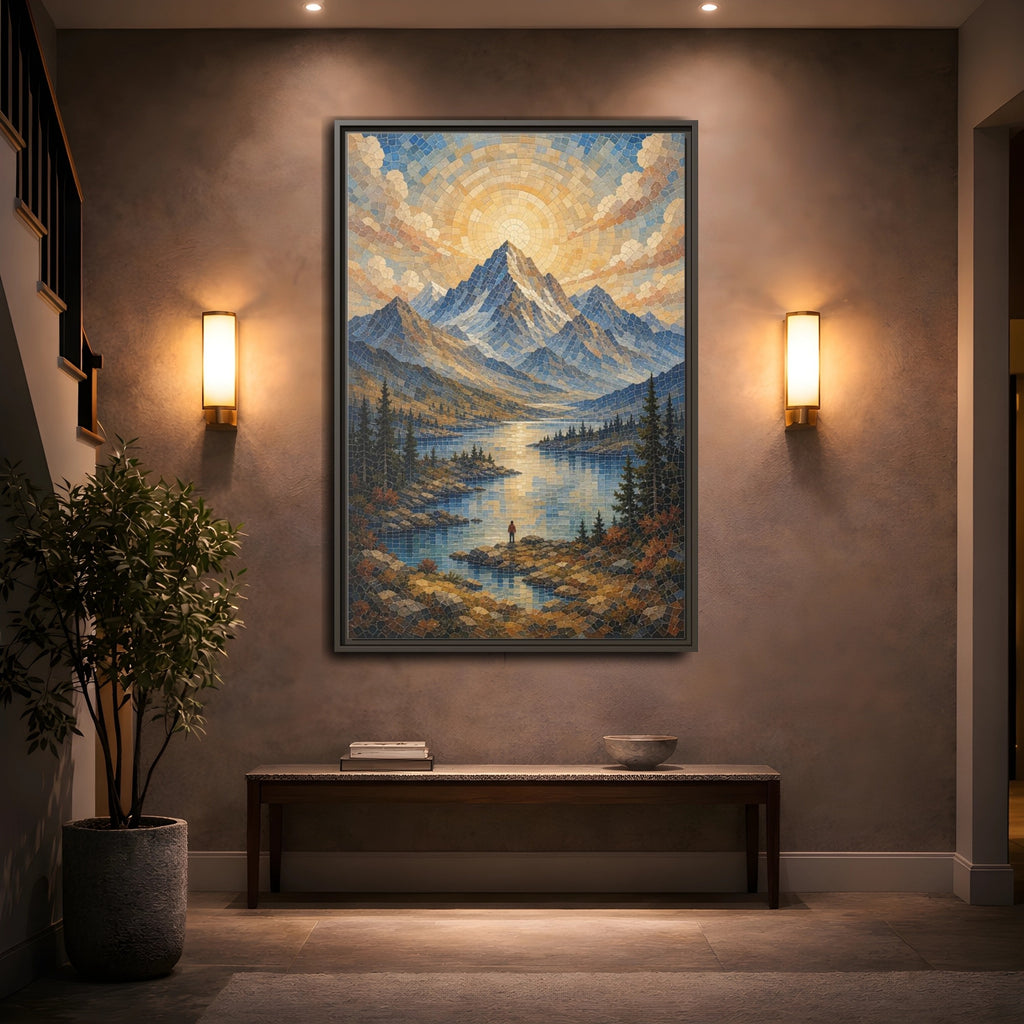 Mockup 2. Nature Mountain Lake Blue Gold Landscape shown as stretched canvas wall art