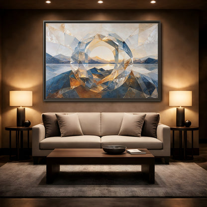 Mockup 2. Nature Mountain Lake Blue Gold Landscape shown as stretched canvas wall art