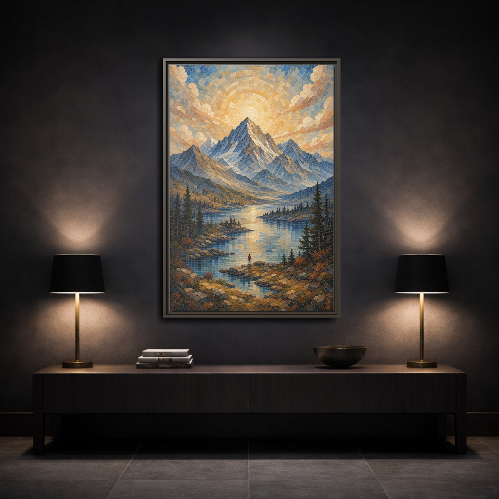 Mockup 3. Nature Mountain Lake Blue Gold Landscape shown as stretched canvas wall art