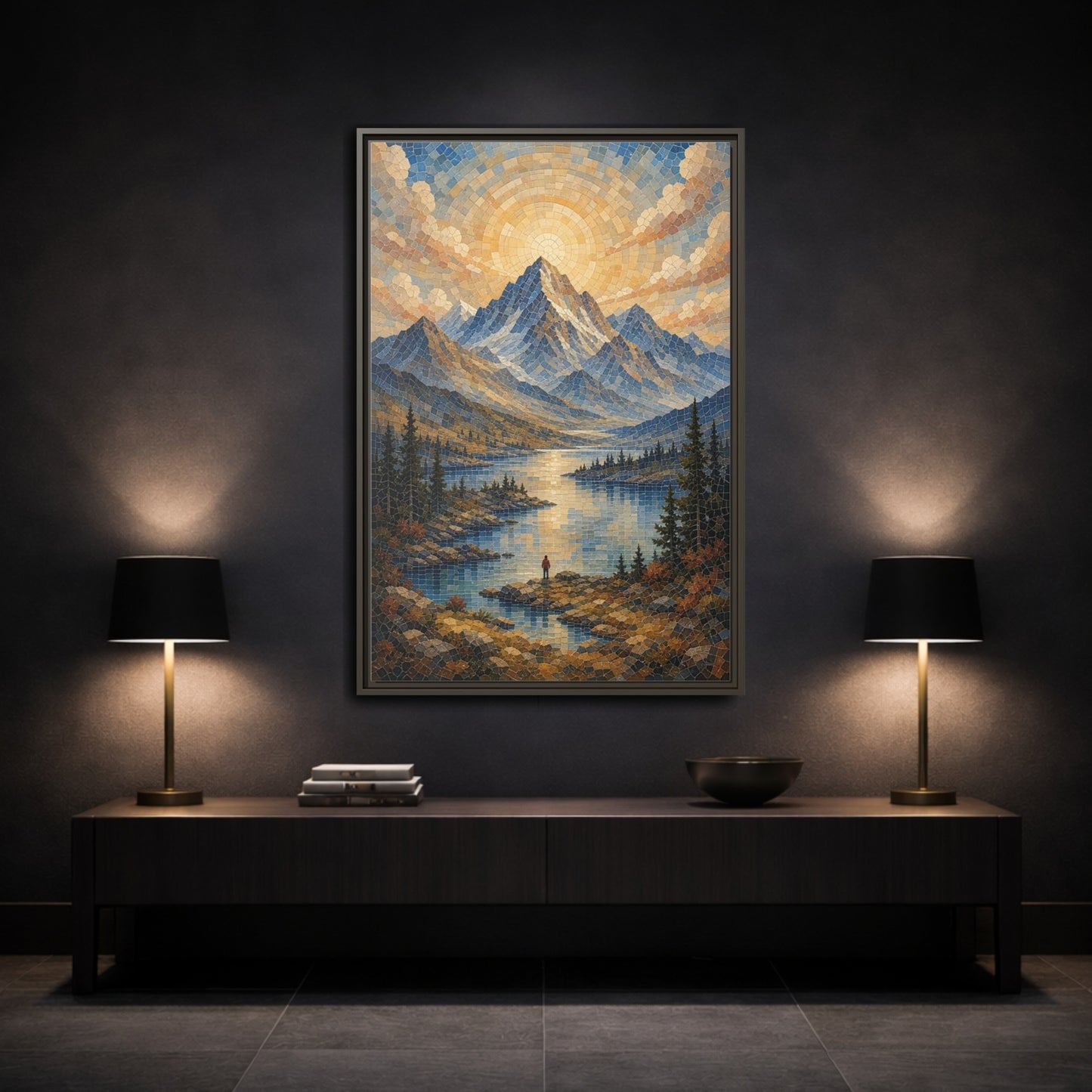 Nature Mountain Lake Blue Gold Landscape Framed Canvas Wall Art - Living Room Decor, Above Fireplace shown as canvas wall art