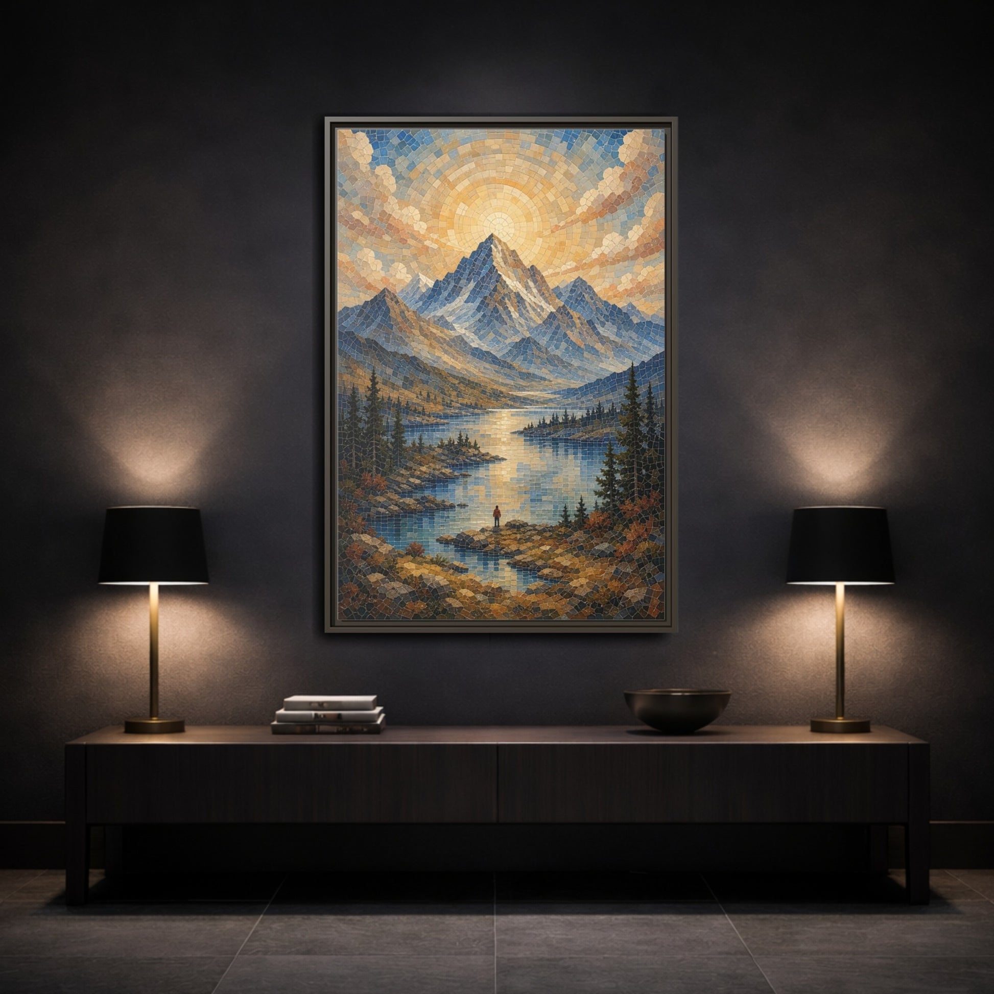 Nature Mountain Lake Blue Gold Landscape Framed Canvas Wall Art - Living Room Decor, Above Fireplace shown as canvas wall art