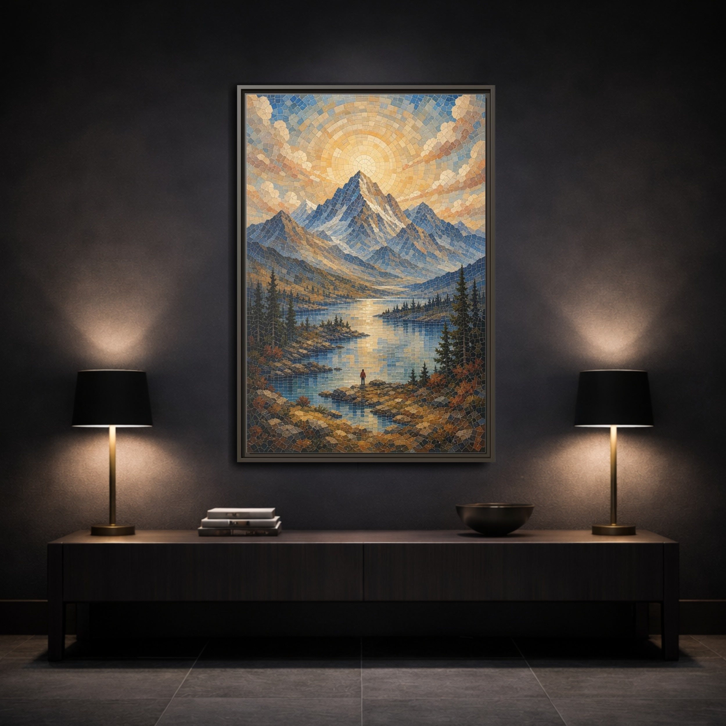 Mockup 3. Nature Mountain Lake Blue Gold Landscape shown as stretched canvas wall art