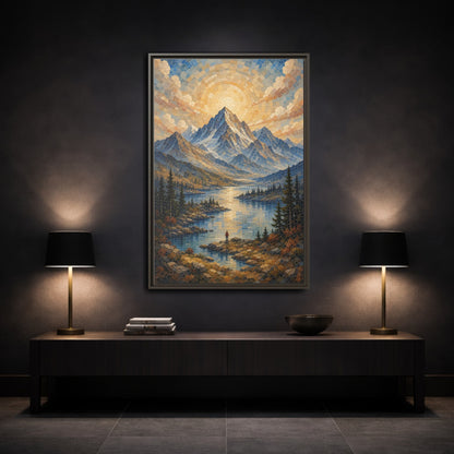 Nature Mountain Lake Blue Gold Landscape Framed Canvas Wall Art - Living Room Decor, Above Fireplace shown as canvas wall art