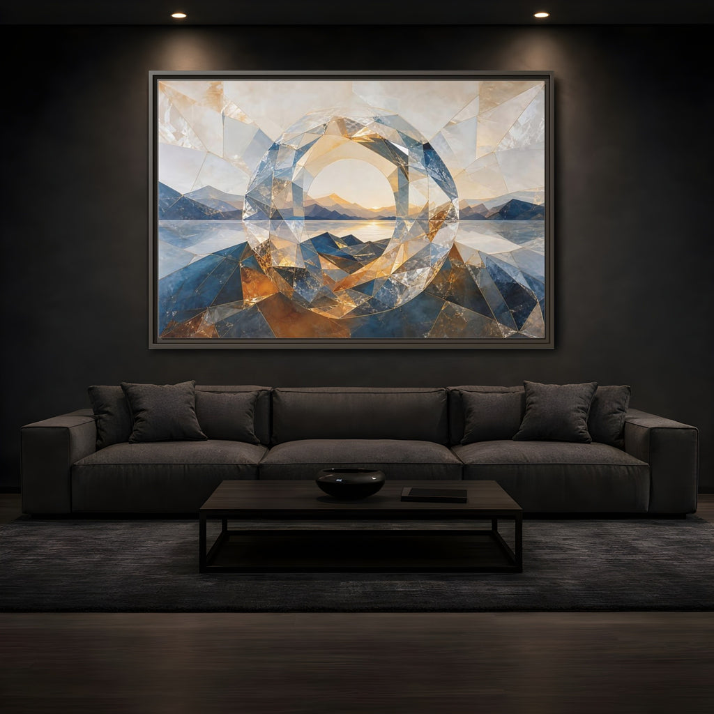 Mockup 3. Nature Mountain Lake Blue Gold Landscape shown as stretched canvas wall art