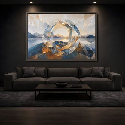 Mockup 3. Nature Mountain Lake Blue Gold Landscape shown as stretched canvas wall art