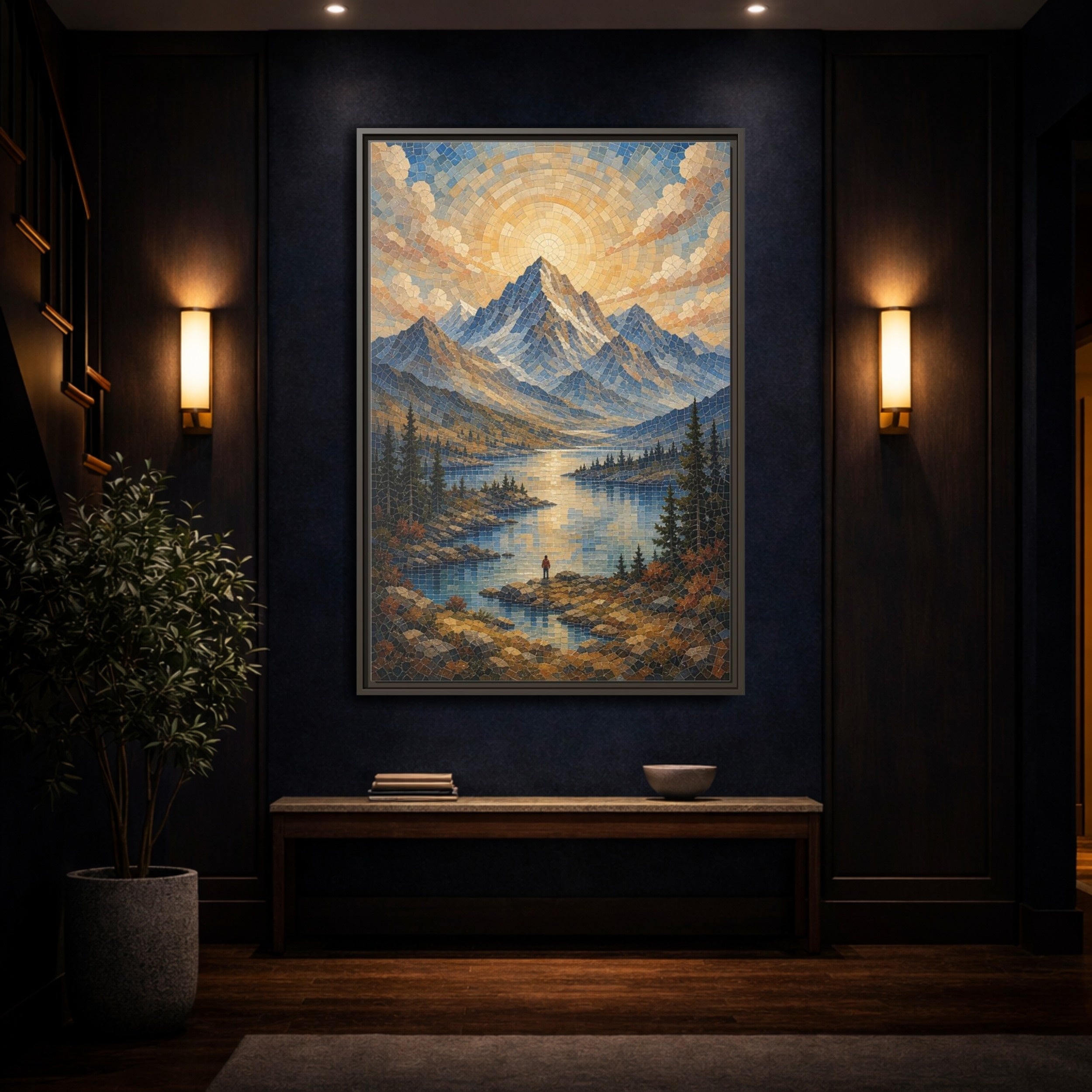 Mockup 4. Nature Mountain Lake Blue Gold Landscape shown as stretched canvas wall art