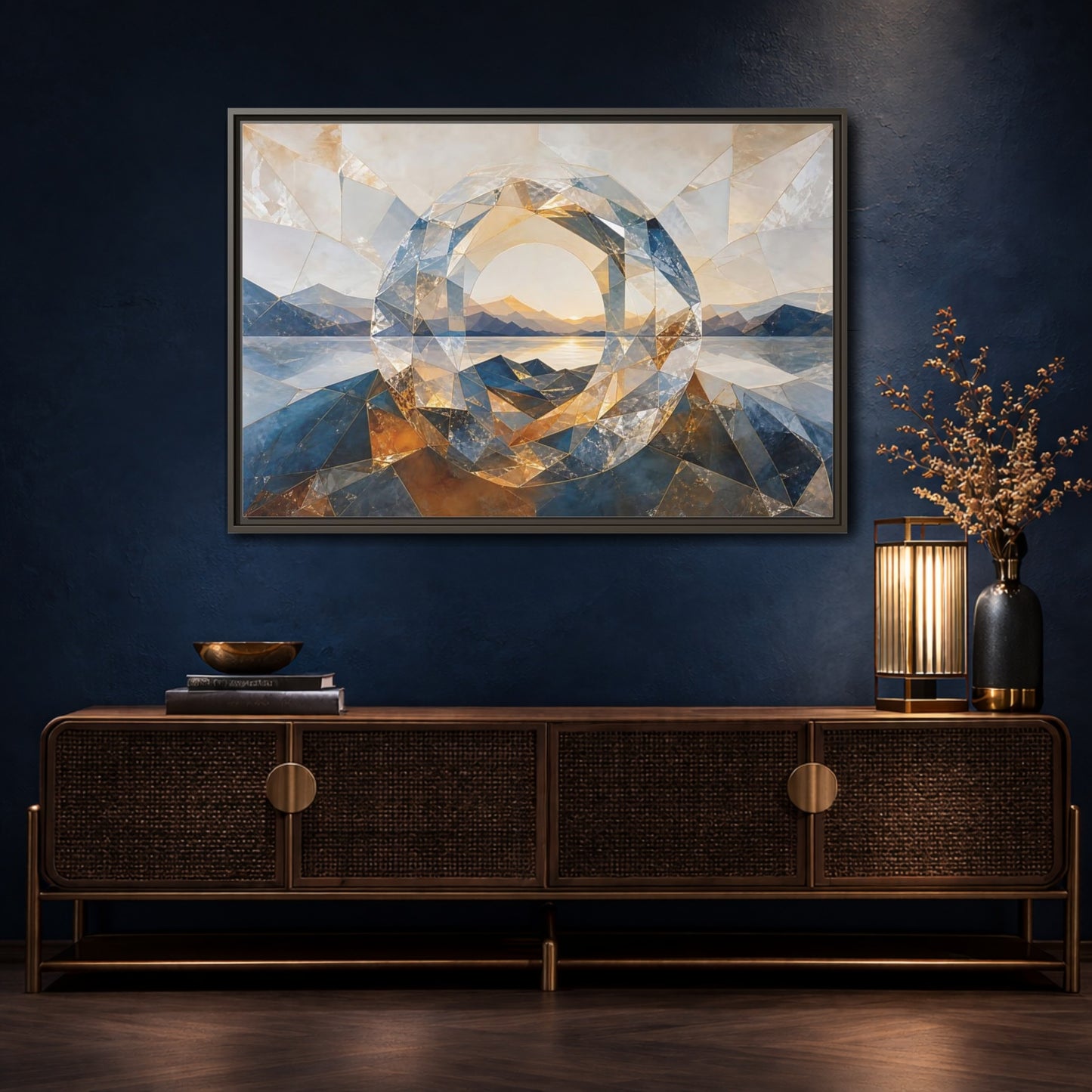Mockup 4. Nature Mountain Lake Blue Gold Landscape shown as stretched canvas wall art