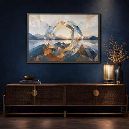 Mockup 4. Nature Mountain Lake Blue Gold Landscape shown as stretched canvas wall art