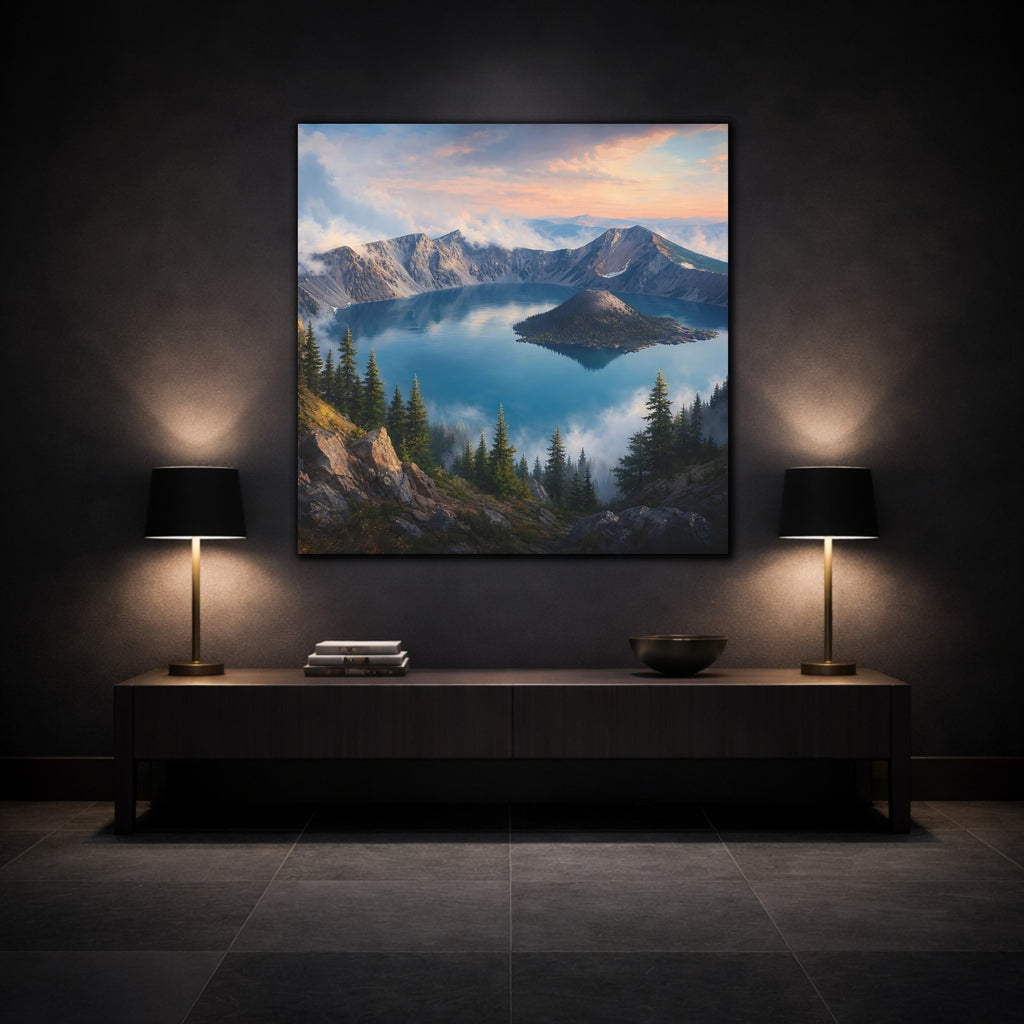 Mockup 3. Nature Mountain Lake Blue Lake Mountains shown as stretched canvas wall art