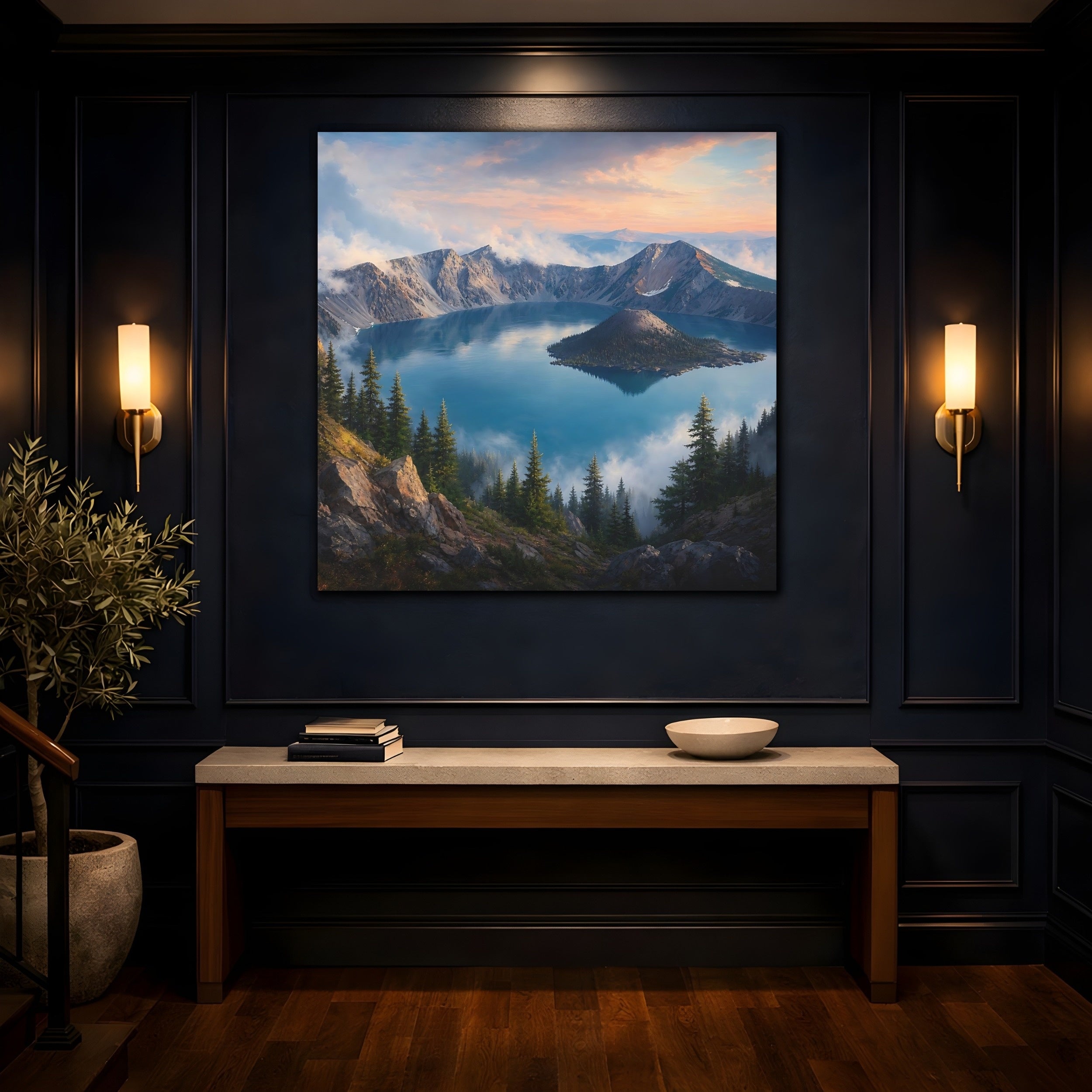 Mockup 4. Nature Mountain Lake Blue Lake Mountains shown as stretched canvas wall art