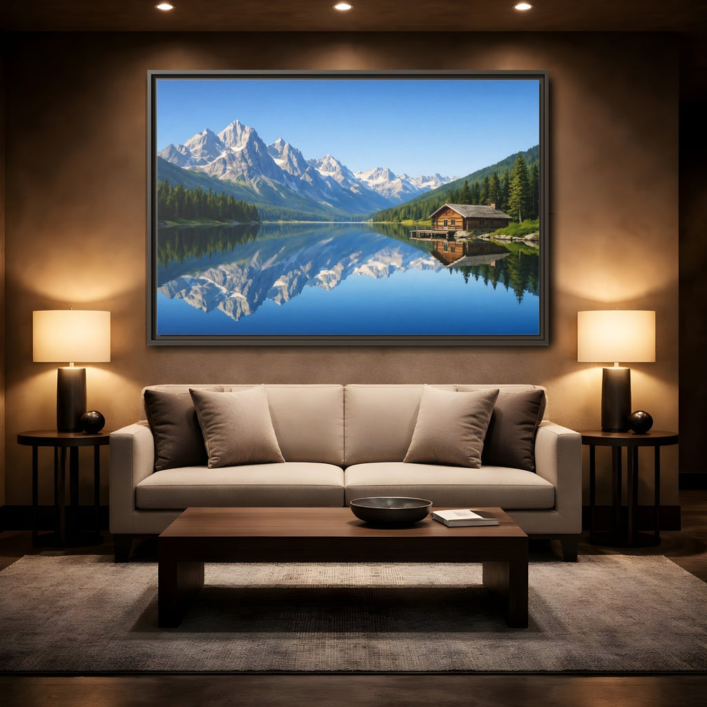 Mockup 2. Nature Mountain Lake Blue Mountain Lake shown as stretched canvas wall art