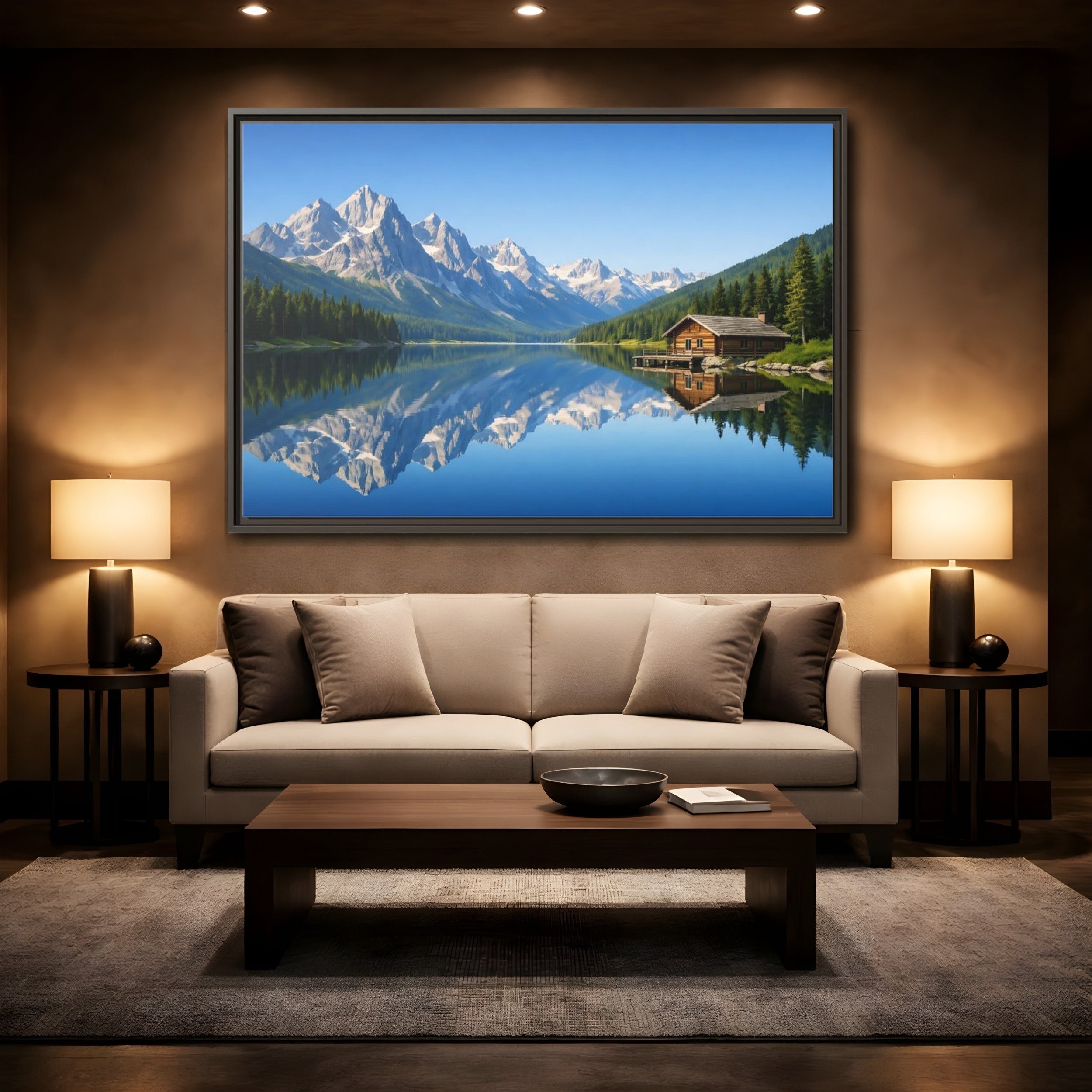 Mockup 2. Nature Mountain Lake Blue Mountain Lake shown as stretched canvas wall art