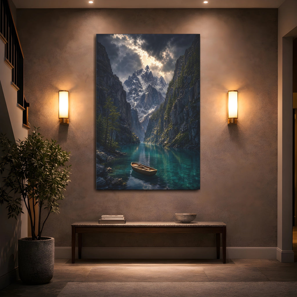 Mockup 2. Nature Mountain Lake Blue Mountain Lake shown as stretched canvas wall art