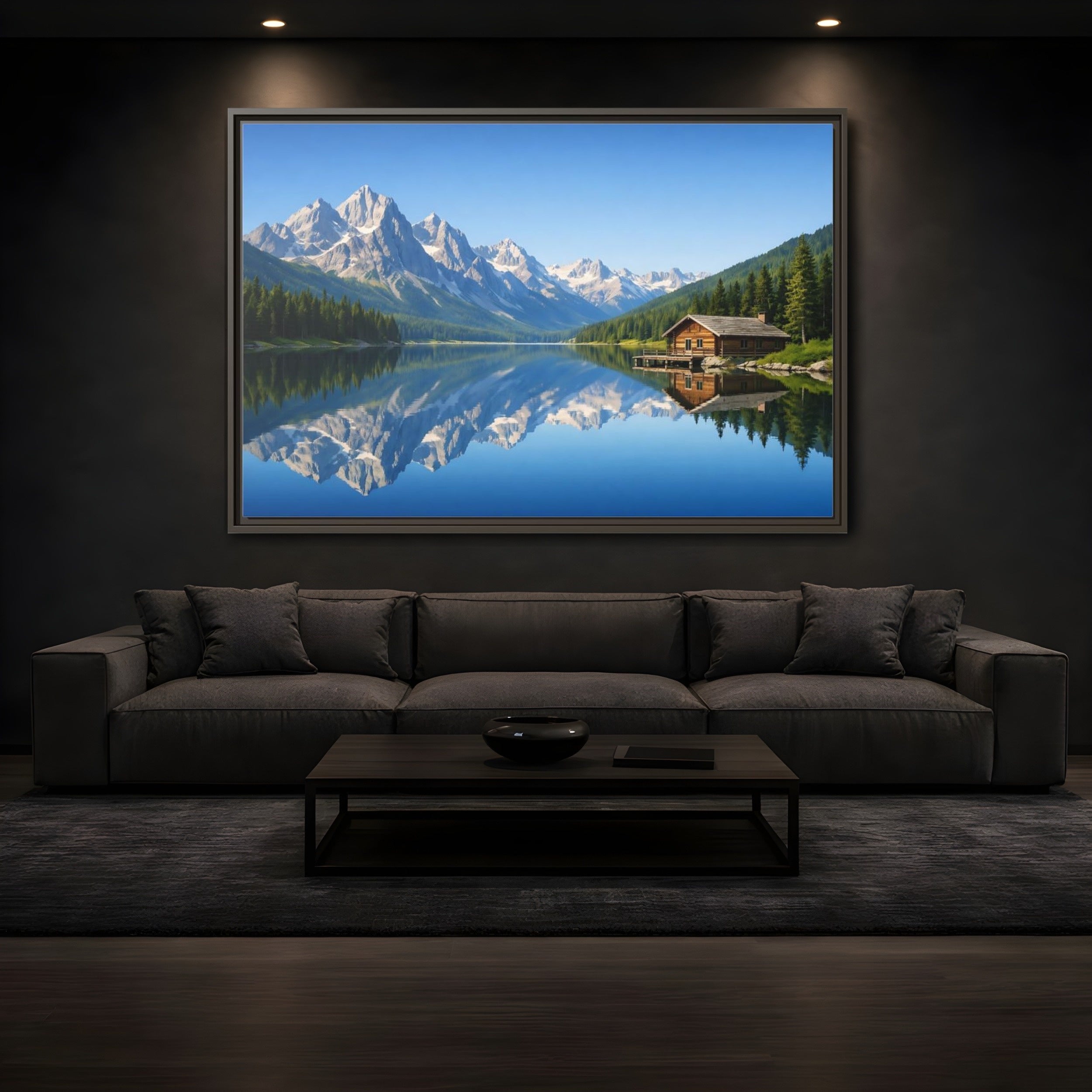 Mockup 3. Nature Mountain Lake Blue Mountain Lake shown as stretched canvas wall art