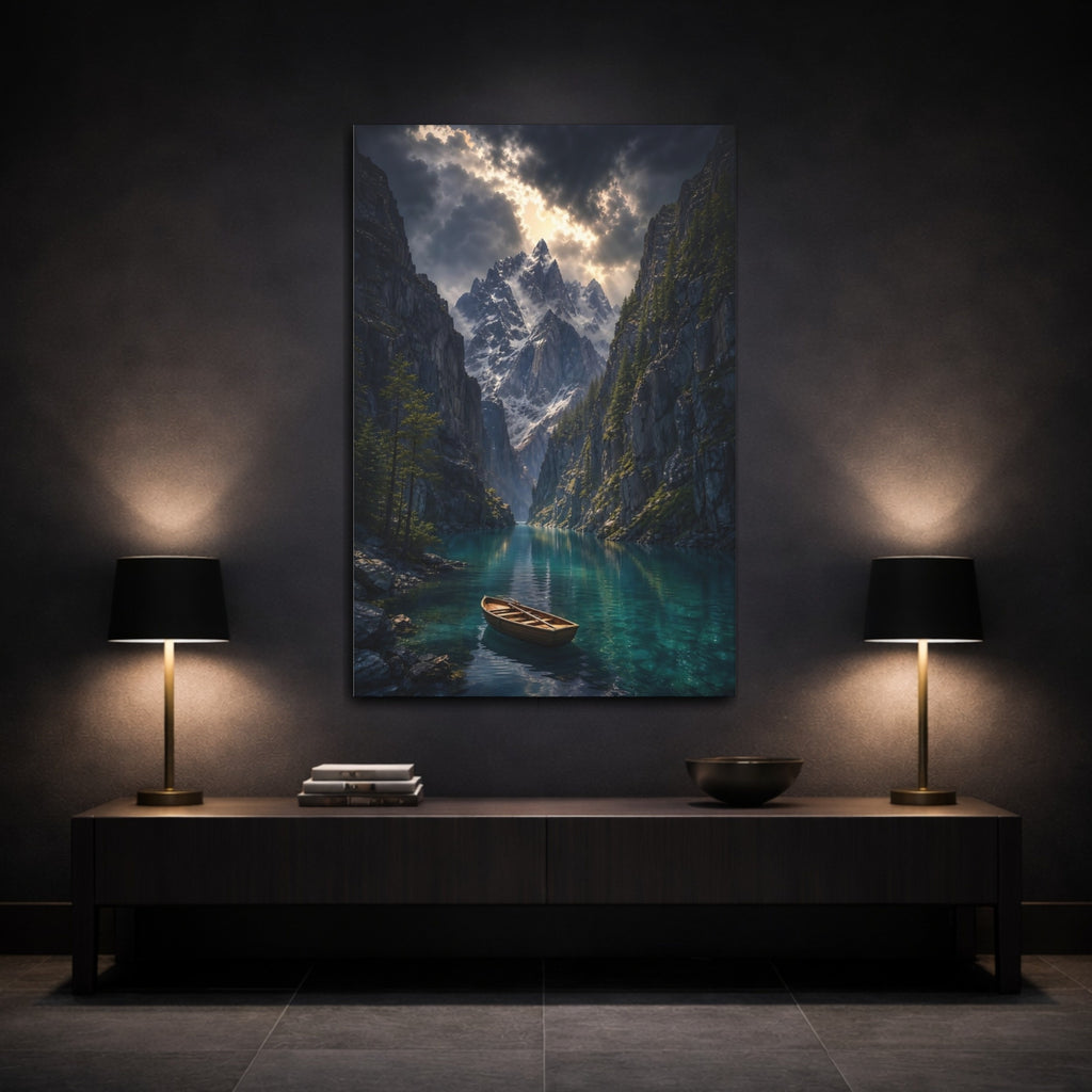 Mockup 3. Nature Mountain Lake Blue Mountain Lake shown as stretched canvas wall art
