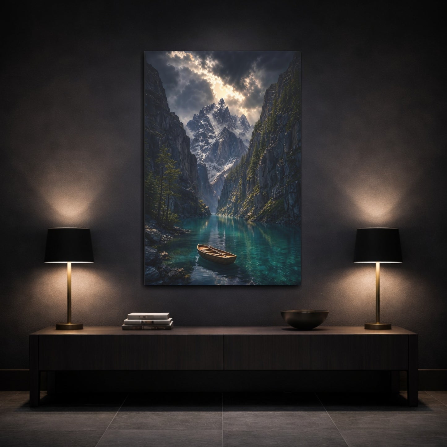 Mockup 3. Nature Mountain Lake Blue Mountain Lake shown as stretched canvas wall art
