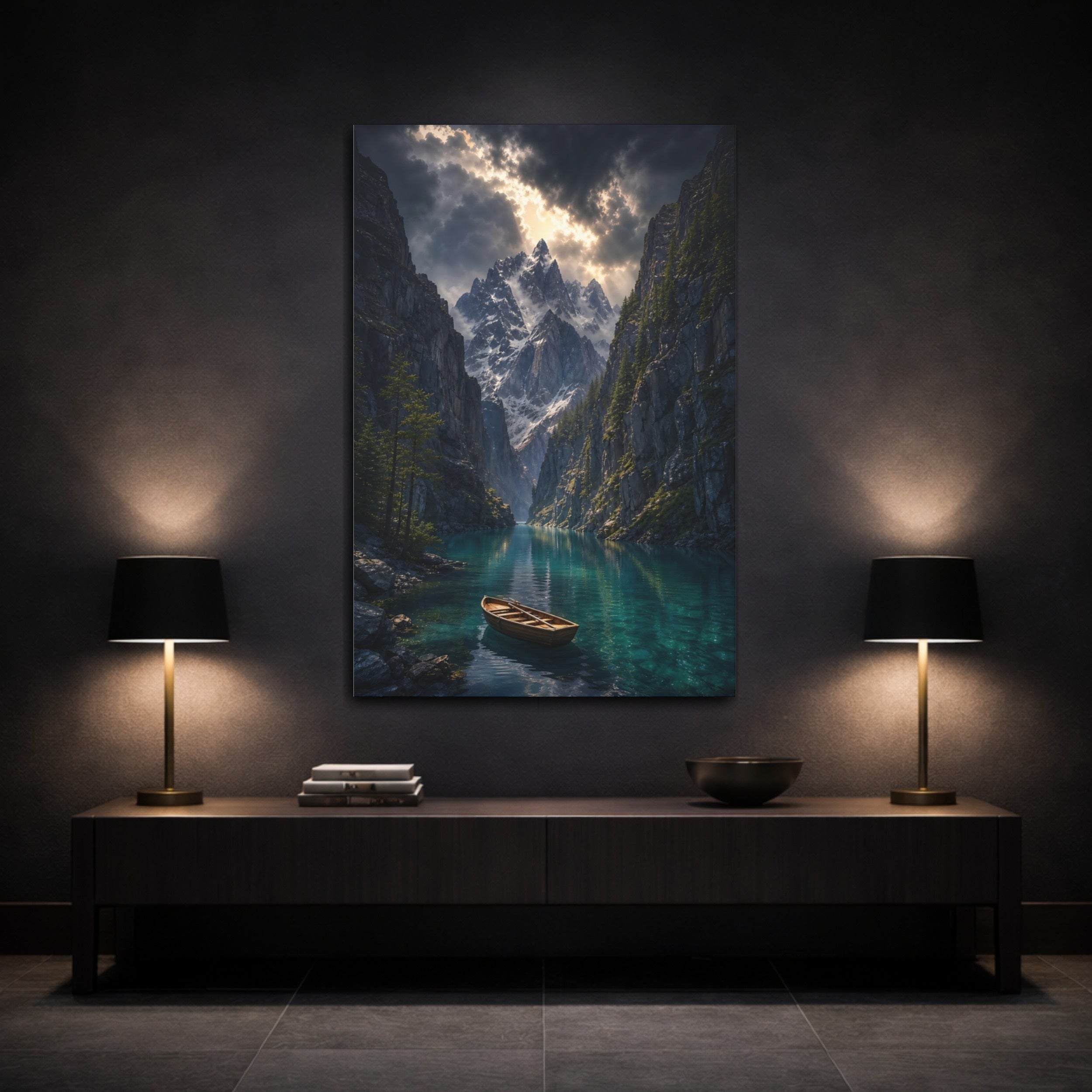 Mockup 3. Nature Mountain Lake Blue Mountain Lake shown as stretched canvas wall art