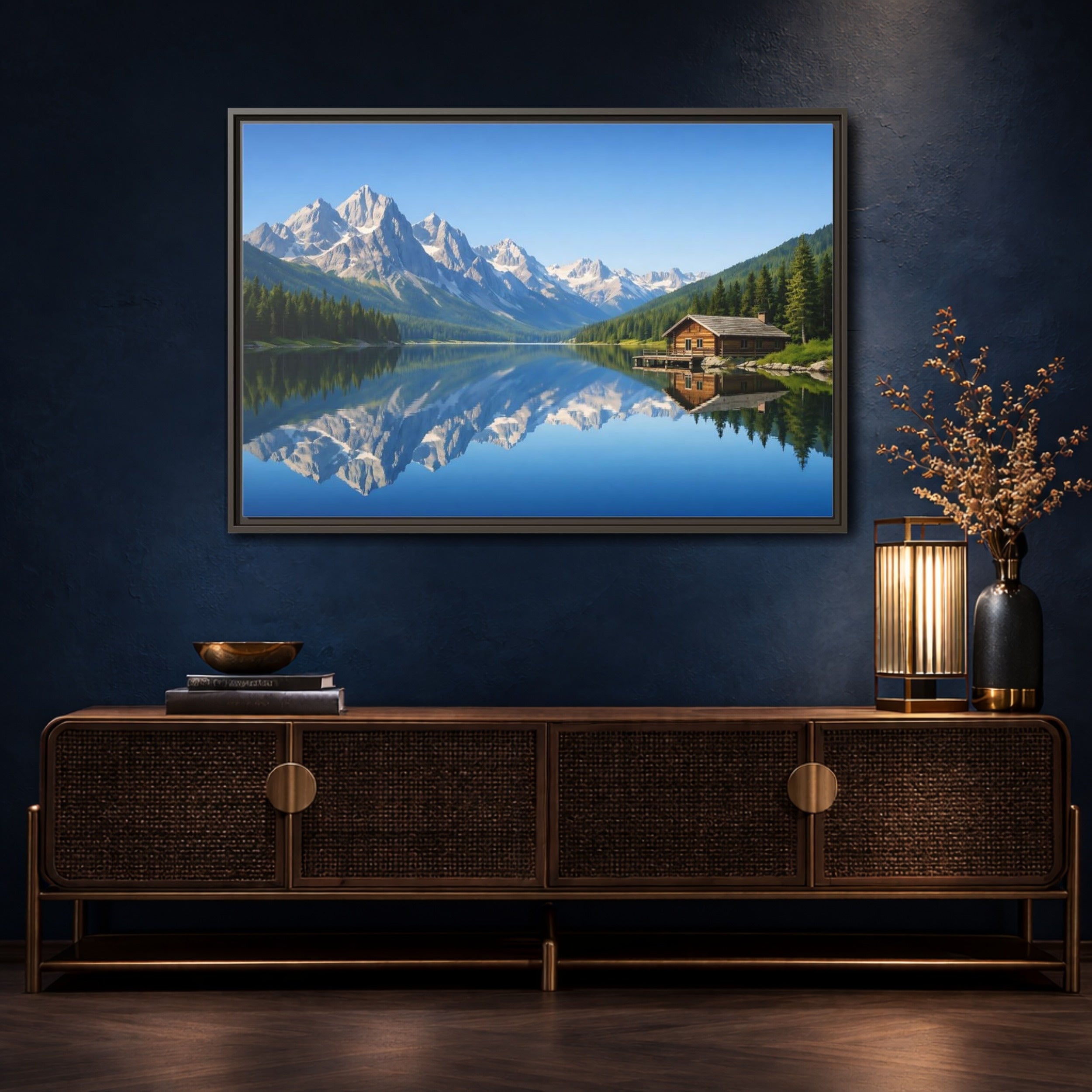 Mockup 4. Nature Mountain Lake Blue Mountain Lake shown as stretched canvas wall art