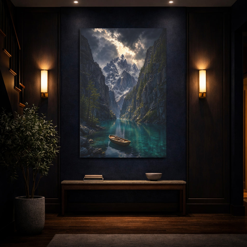 Mockup 4. Nature Mountain Lake Blue Mountain Lake shown as stretched canvas wall art