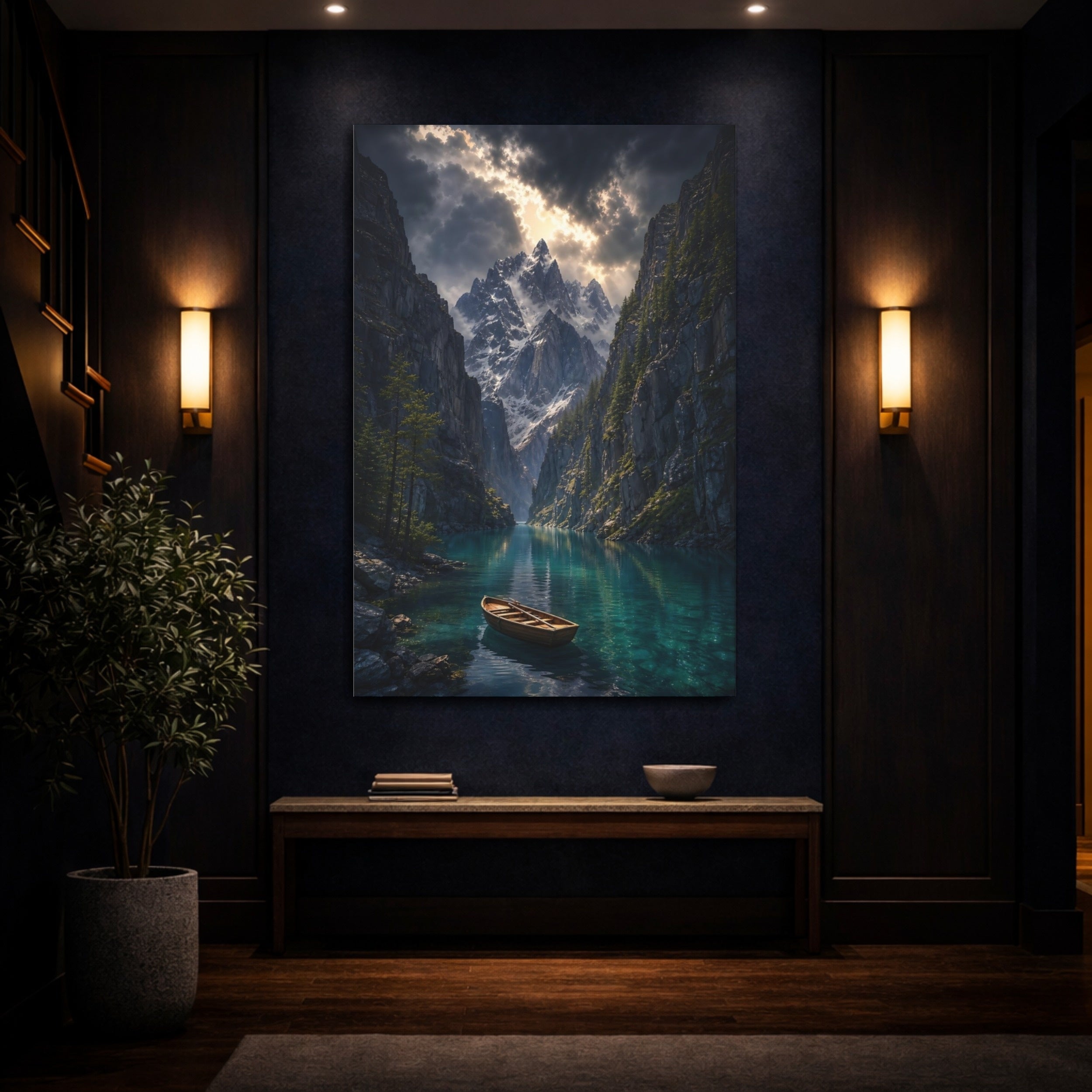 Mockup 4. Nature Mountain Lake Blue Mountain Lake shown as stretched canvas wall art