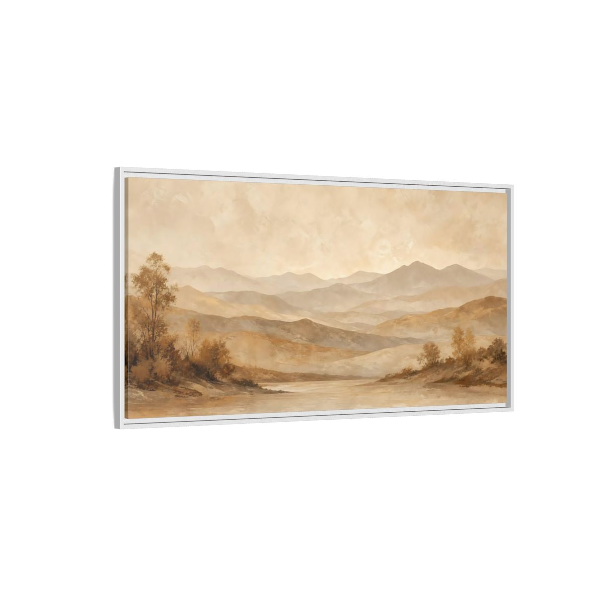 Side Mockup 3. Nature Mountain Lake Brown And Beige Landscape shown as stretched canvas wall art