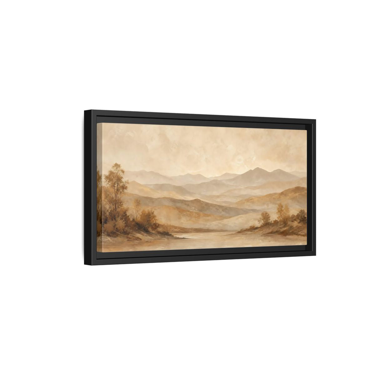 Side Mockup 8. Nature Mountain Lake Brown And Beige Landscape shown as stretched canvas wall art