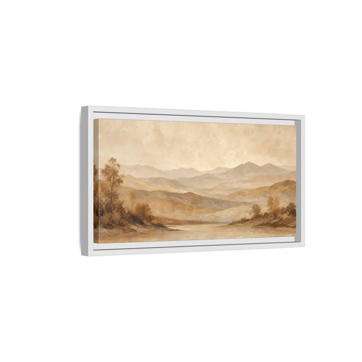 Side Mockup 6. Nature Mountain Lake Brown And Beige Landscape shown as stretched canvas wall art