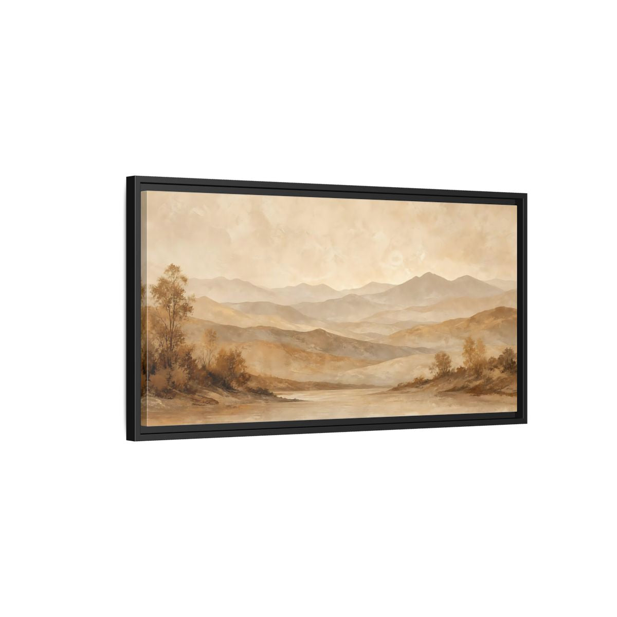 Side Mockup 2. Nature Mountain Lake Brown And Beige Landscape shown as stretched canvas wall art