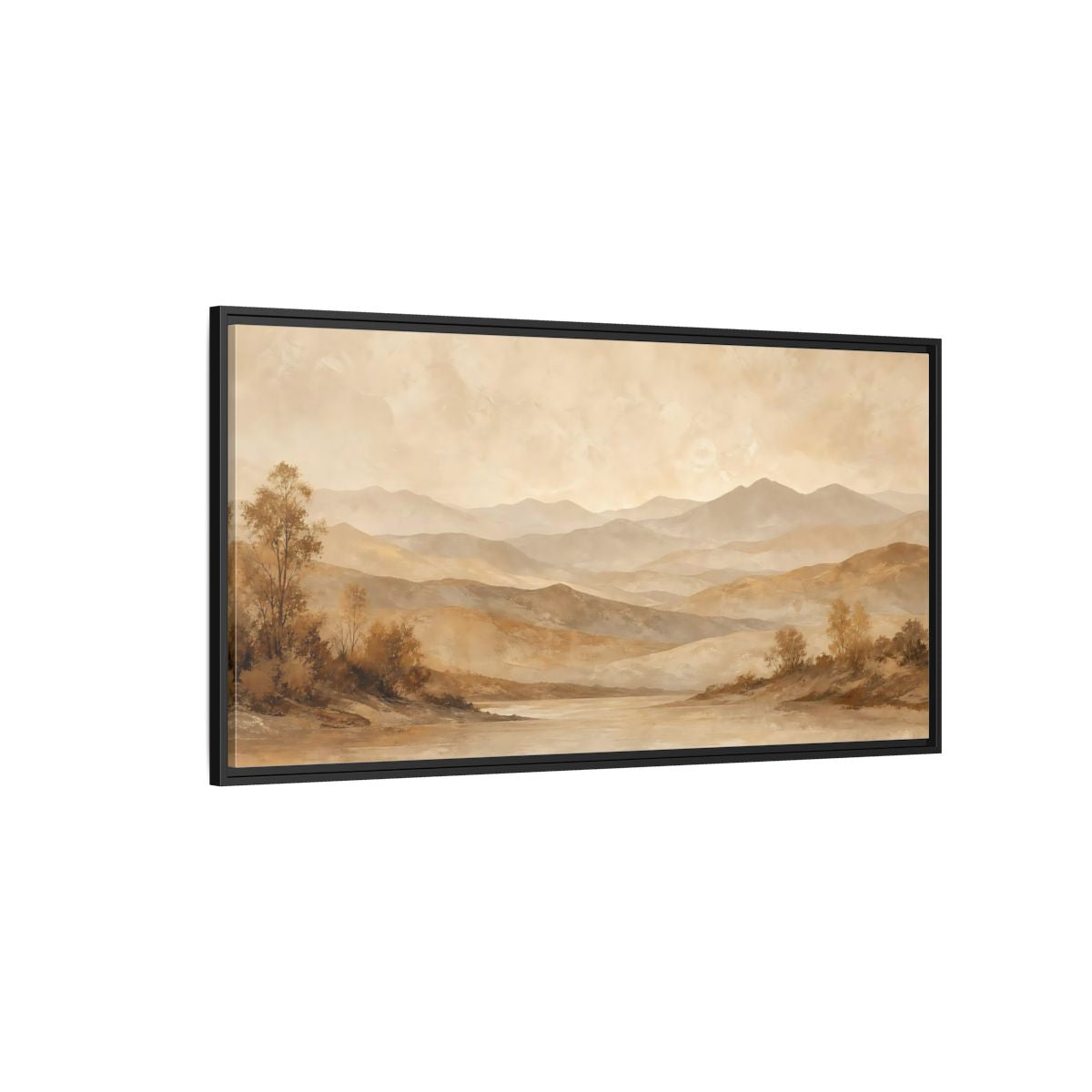 Side Mockup 5. Nature Mountain Lake Brown And Beige Landscape shown as stretched canvas wall art