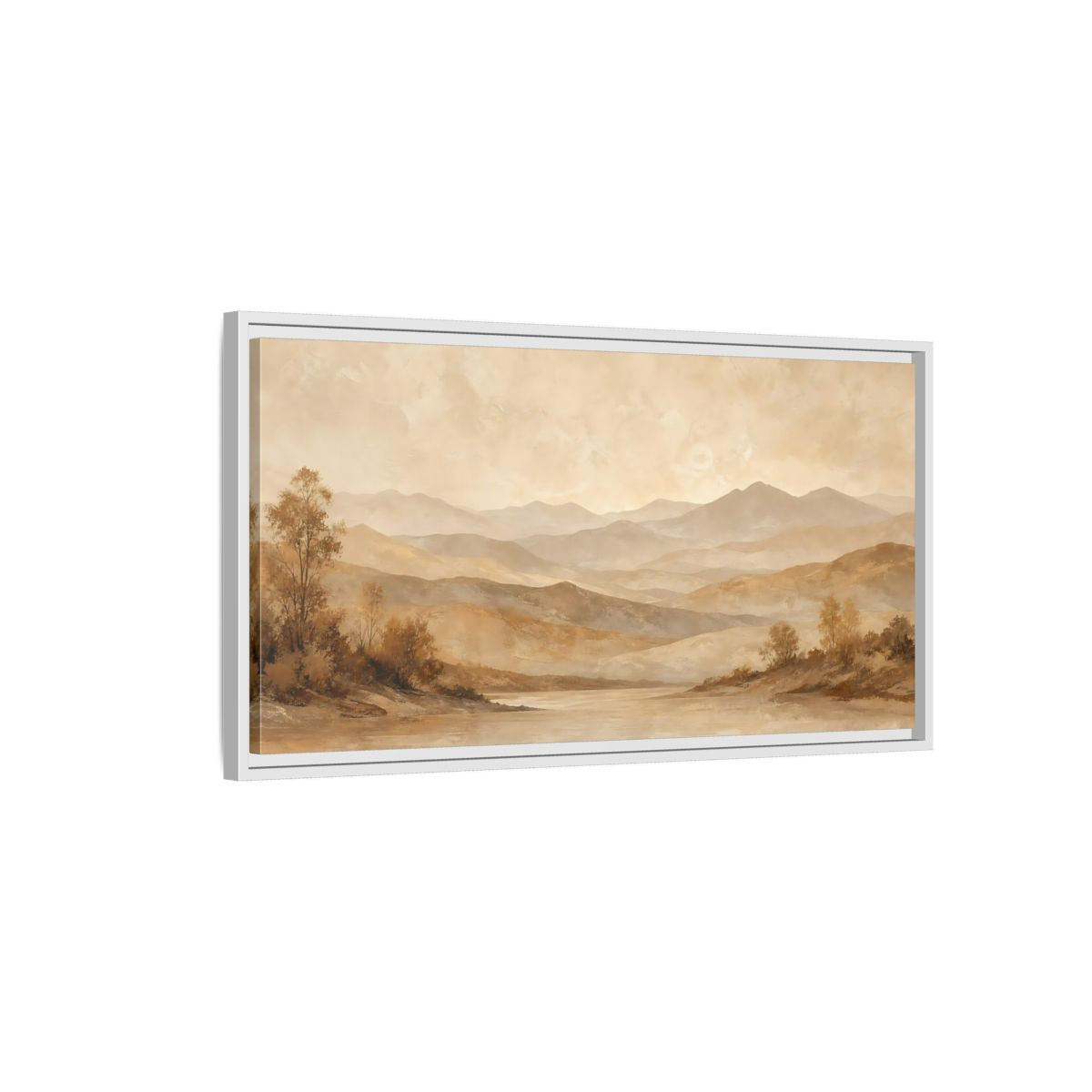 Side Mockup 1. Nature Mountain Lake Brown And Beige Landscape shown as stretched canvas wall art